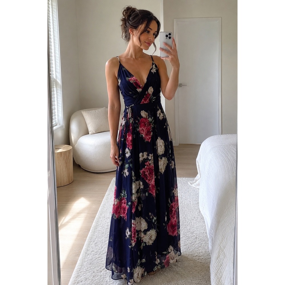 Windsor Navy Floral Maxi Dress V-Neck Wrap Chiffon Rose Print CD24171-1 Small - Picture 1 of 11